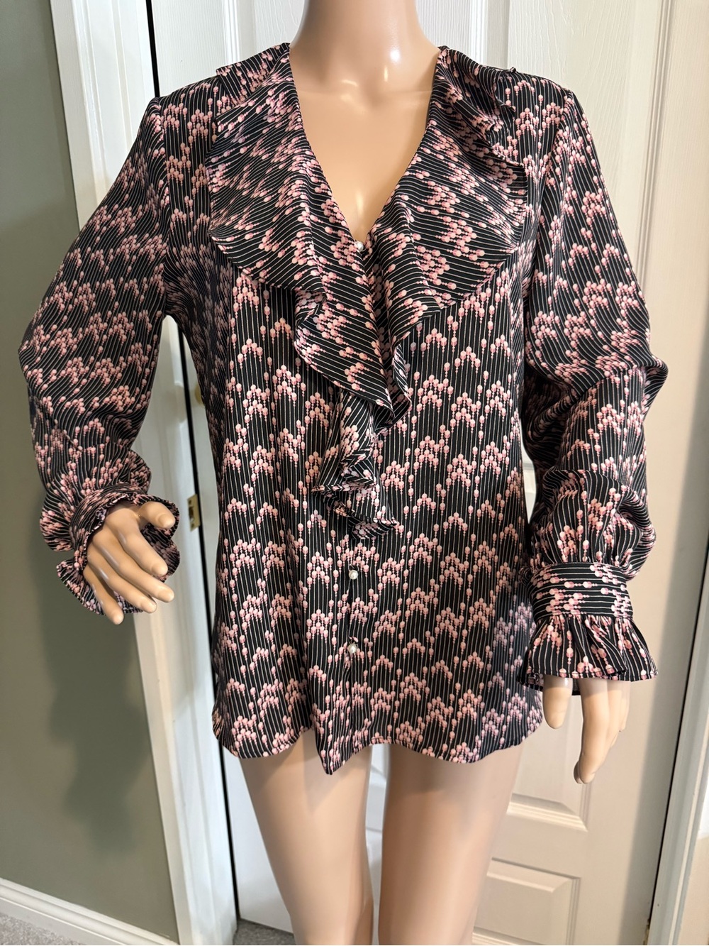 Karl Lagerfeld Paris Womens Poet Blouse Shirt Black Mauve Pink Ruffle Size M